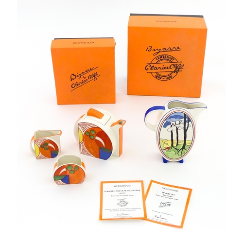 203 - A Wedgwood Clarice Cliff Centenary Stamford teapot, sugar bowl and cream jug in the Melon pattern, a... 