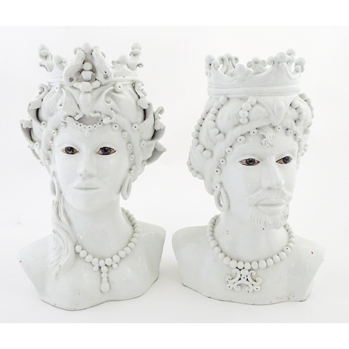 214 - A pair of Sicilian / Southern Italian terracotta Testa di Moro / Moor's Heads sculptural vases model... 