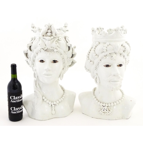214 - A pair of Sicilian / Southern Italian terracotta Testa di Moro / Moor's Heads sculptural vases model... 