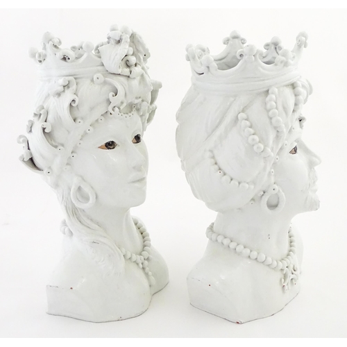 214 - A pair of Sicilian / Southern Italian terracotta Testa di Moro / Moor's Heads sculptural vases model... 