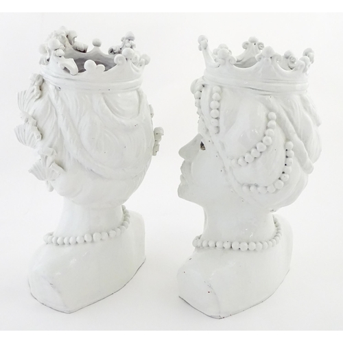 214 - A pair of Sicilian / Southern Italian terracotta Testa di Moro / Moor's Heads sculptural vases model... 