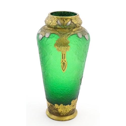 296 - A French Legras & Cie Mont Joye style Art Nouveau green glass vase with gilt oak leaf and acorn deta... 