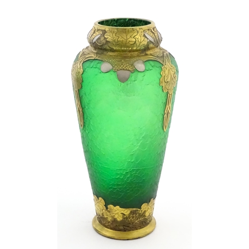 296 - A French Legras & Cie Mont Joye style Art Nouveau green glass vase with gilt oak leaf and acorn deta... 