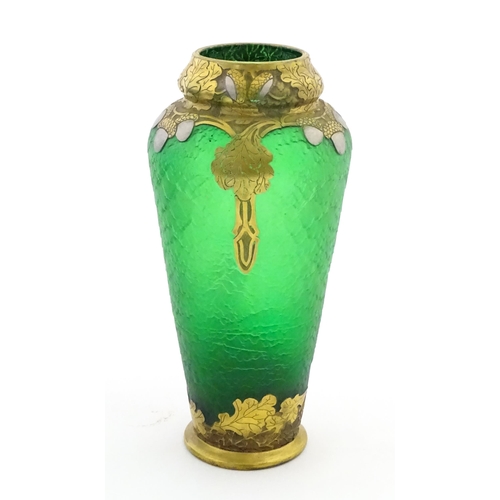 296 - A French Legras & Cie Mont Joye style Art Nouveau green glass vase with gilt oak leaf and acorn deta... 