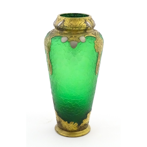296 - A French Legras & Cie Mont Joye style Art Nouveau green glass vase with gilt oak leaf and acorn deta... 