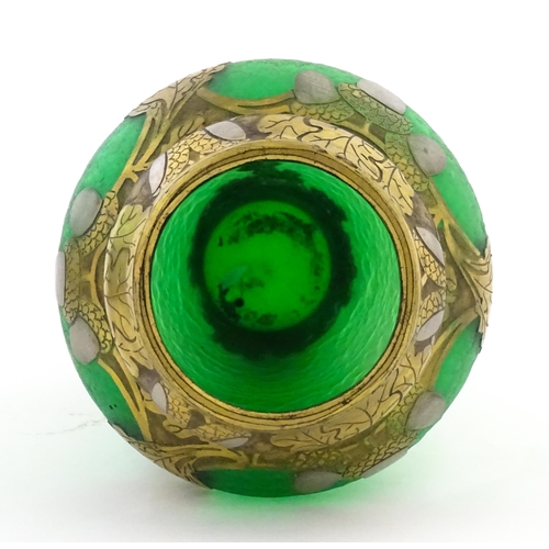 296 - A French Legras & Cie Mont Joye style Art Nouveau green glass vase with gilt oak leaf and acorn deta... 