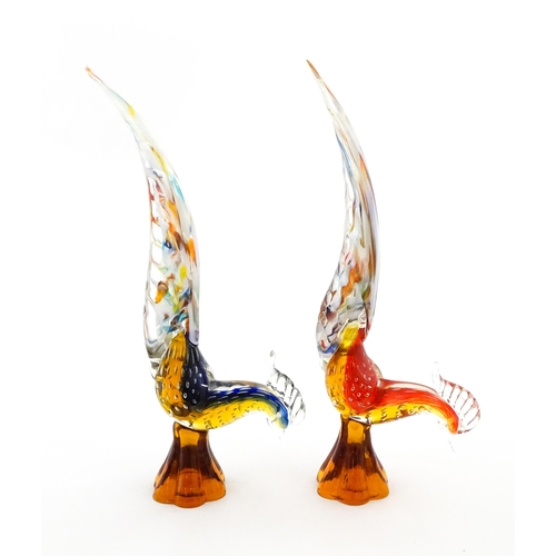 302 - Two Murano style art glass model of pheasants. Approx. 14 3/4