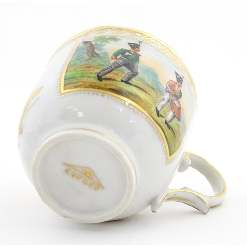 222 - Two Polish Korzec tea cups and saucers with hand painted decoration depicting 18thC Infantry soldier... 
