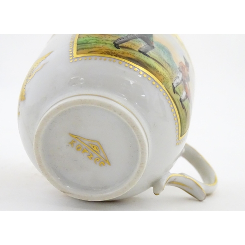 222 - Two Polish Korzec tea cups and saucers with hand painted decoration depicting 18thC Infantry soldier... 