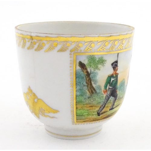 222 - Two Polish Korzec tea cups and saucers with hand painted decoration depicting 18thC Infantry soldier... 