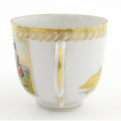 222 - Two Polish Korzec tea cups and saucers with hand painted decoration depicting 18thC Infantry soldier... 