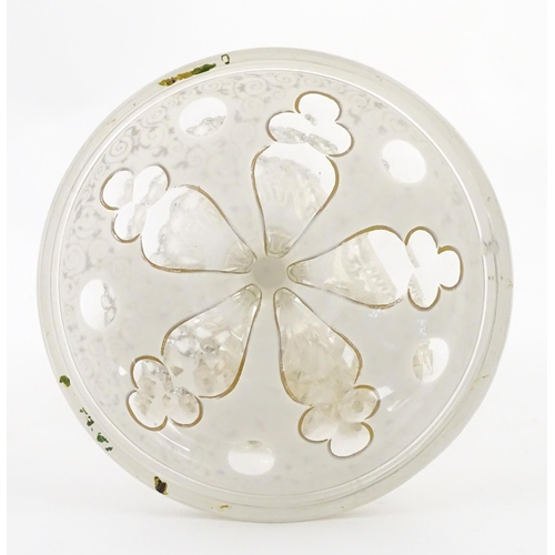 314 - A Victorian glass table lustre with white overlay and gilt detail with glass lustre drops. Approx. 1... 