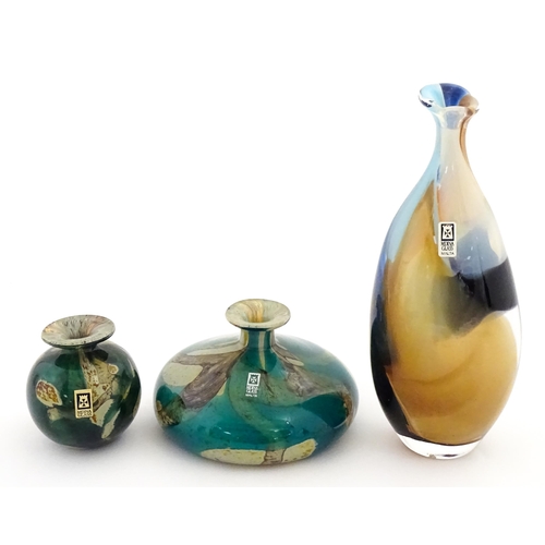 325 - Three Mdina vases to include a squat vase in the Marble pattern, and one in the Tiger pattern. One s... 
