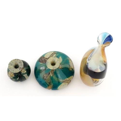 325 - Three Mdina vases to include a squat vase in the Marble pattern, and one in the Tiger pattern. One s... 