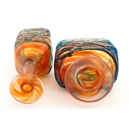 327 - Two Mdina orange glass items with blue trail detail comprising bottle vase and decanter. Largest app... 