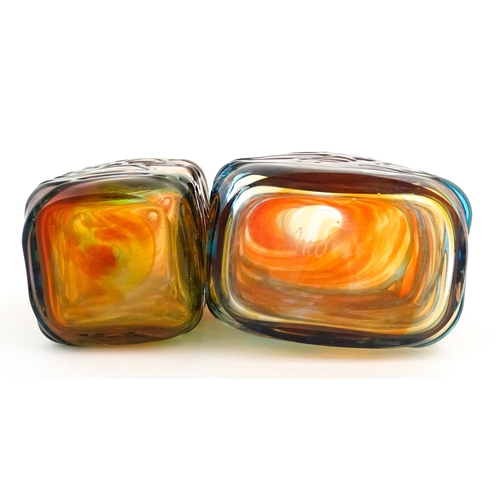 327 - Two Mdina orange glass items with blue trail detail comprising bottle vase and decanter. Largest app... 