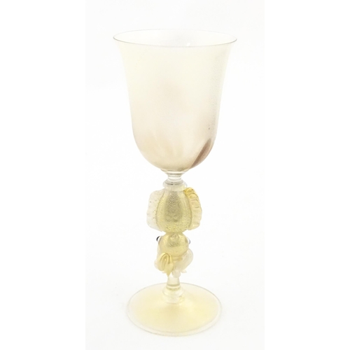 338 - An Italian Maria Grazia Rosin 'Cuttlefish' blown glass wine glass with fish detail to stem. Boxed. A... 