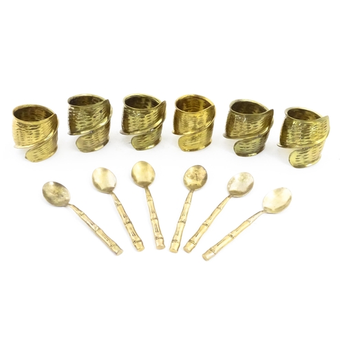 1095 - A set of six retro brass napkin rings. Together with six teaspoons with bamboo style detail. Spoons ... 