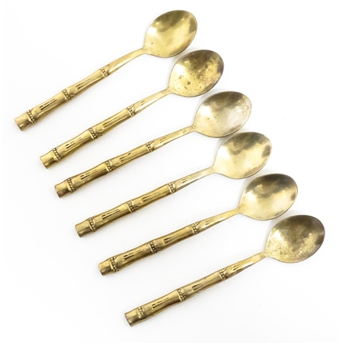 1095 - A set of six retro brass napkin rings. Together with six teaspoons with bamboo style detail. Spoons ... 