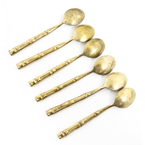 1095 - A set of six retro brass napkin rings. Together with six teaspoons with bamboo style detail. Spoons ... 