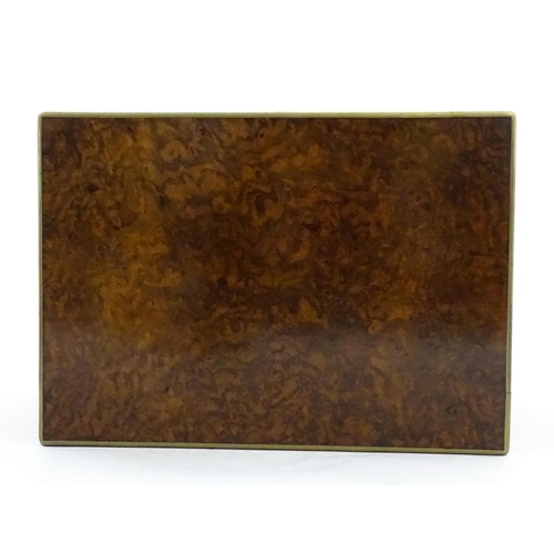 1142 - A Victorian brass bound walnut travelling vanity case / box with sprung section lower and to side, o... 