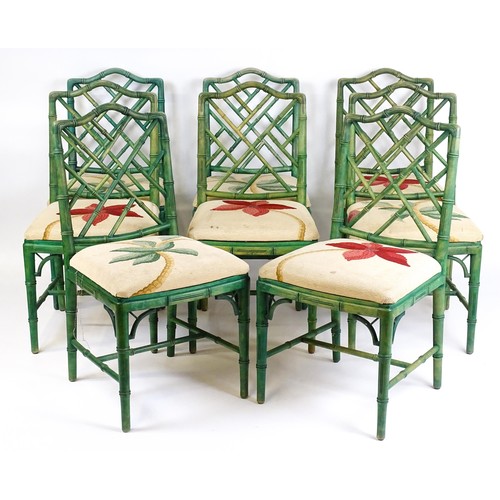 1529 - A set of eight modern Chinese Chippendale style faux bamboo dining chairs with drop in seats. 19