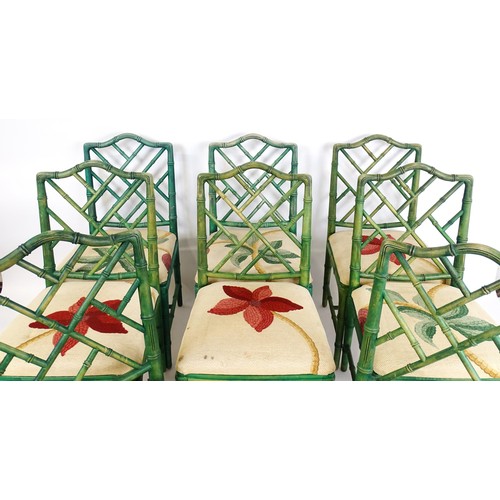 1529 - A set of eight modern Chinese Chippendale style faux bamboo dining chairs with drop in seats. 19