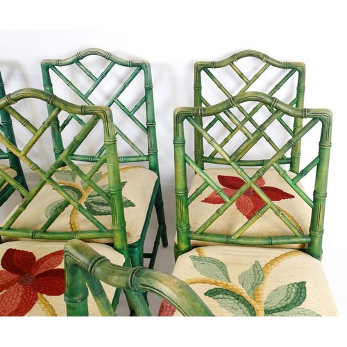 1529 - A set of eight modern Chinese Chippendale style faux bamboo dining chairs with drop in seats. 19