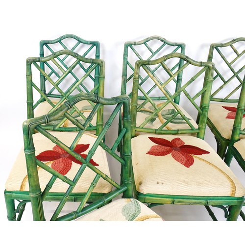 1529 - A set of eight modern Chinese Chippendale style faux bamboo dining chairs with drop in seats. 19