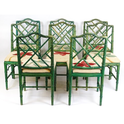 1529 - A set of eight modern Chinese Chippendale style faux bamboo dining chairs with drop in seats. 19