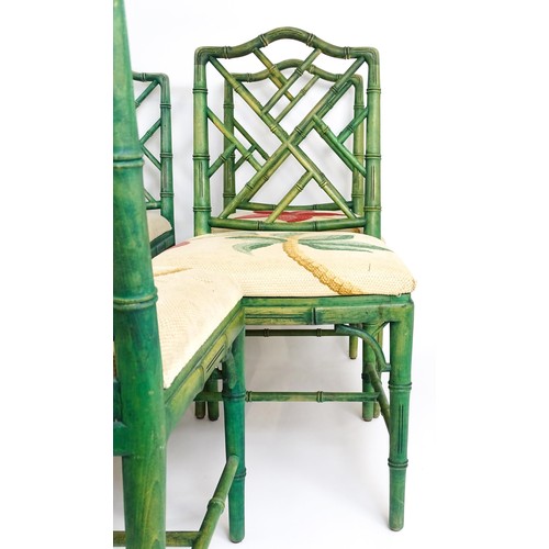 1529 - A set of eight modern Chinese Chippendale style faux bamboo dining chairs with drop in seats. 19