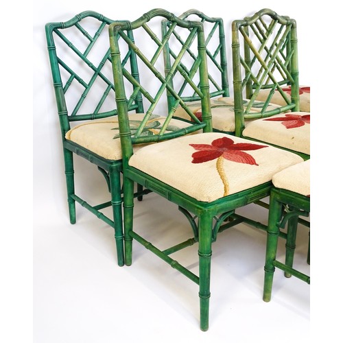 1529 - A set of eight modern Chinese Chippendale style faux bamboo dining chairs with drop in seats. 19