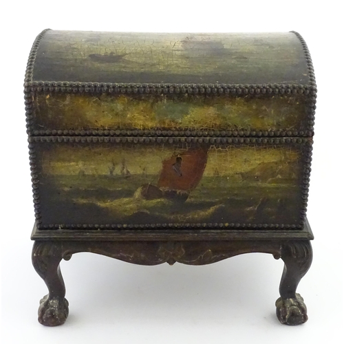 1166 - A domed chest on stand / trunk with painted decoration depicting ships at sea, and stud detail. Appr... 