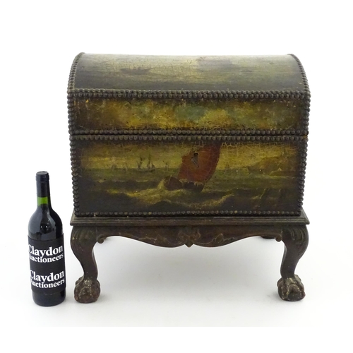 1166 - A domed chest on stand / trunk with painted decoration depicting ships at sea, and stud detail. Appr... 
