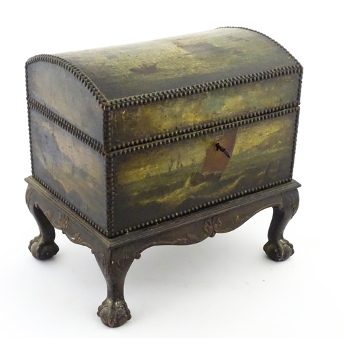 1166 - A domed chest on stand / trunk with painted decoration depicting ships at sea, and stud detail. Appr... 