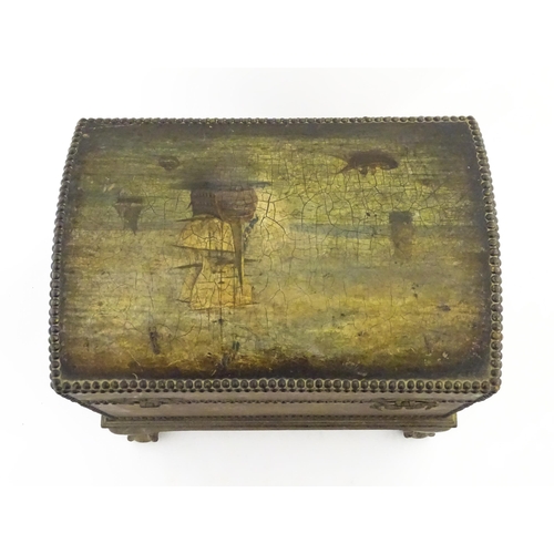 1166 - A domed chest on stand / trunk with painted decoration depicting ships at sea, and stud detail. Appr... 