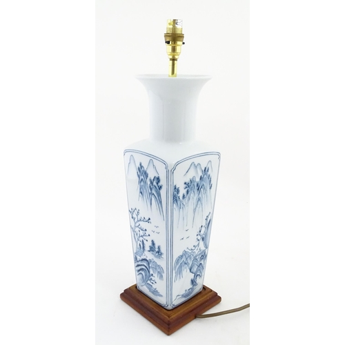 1395 - A Chinese blue and white table lamp of squared form with landscape decoration. Approx. 20