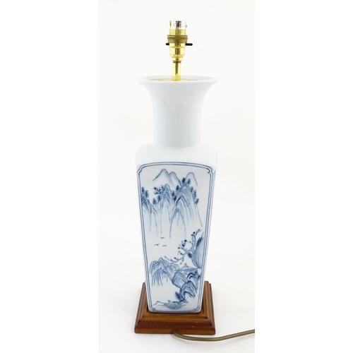 1395 - A Chinese blue and white table lamp of squared form with landscape decoration. Approx. 20