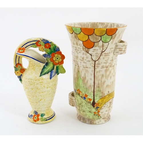 206 - A Bewley Pottery Art Deco vase of flared form with hand painted landscape decoration, in the manner ... 