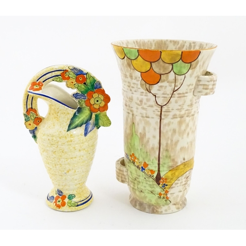 206 - A Bewley Pottery Art Deco vase of flared form with hand painted landscape decoration, in the manner ... 