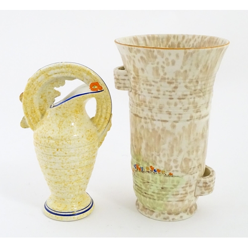 206 - A Bewley Pottery Art Deco vase of flared form with hand painted landscape decoration, in the manner ... 