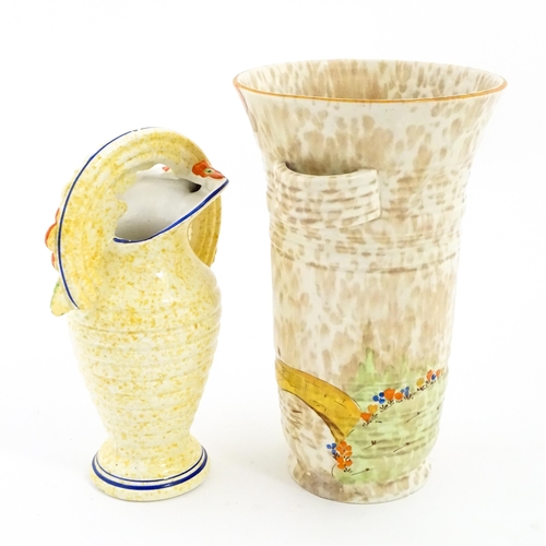 206 - A Bewley Pottery Art Deco vase of flared form with hand painted landscape decoration, in the manner ... 