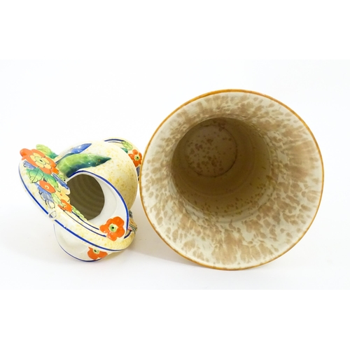 206 - A Bewley Pottery Art Deco vase of flared form with hand painted landscape decoration, in the manner ... 