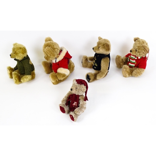 1292A - Toys: Five Harrods teddy bears to include Christmas Bear 2010, Millennium Bear, Christmas Bear 2007,... 