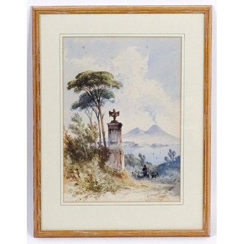 1856 - Consalvo Carelli (1818-1900), Italian School, Watercolour, A view of Naples with a drover with goats... 