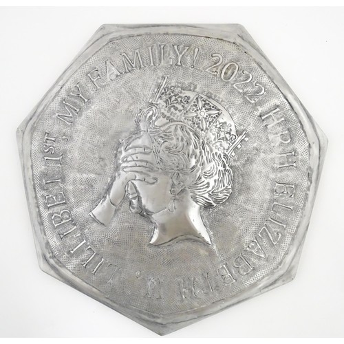 1 - A novelty satirical wall hanging formed as a 50p / fifty pence piece. Marked 'Lilibet 1st - My famil... 