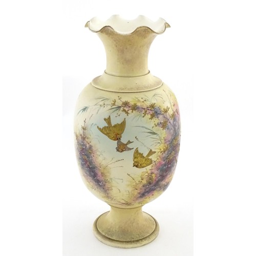 3 - A Victorian vase with a flared rim with hand painted and gilt decoration depicting birds and flowers... 