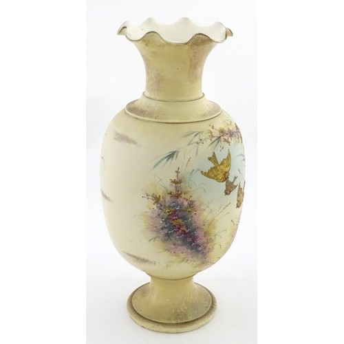 3 - A Victorian vase with a flared rim with hand painted and gilt decoration depicting birds and flowers... 