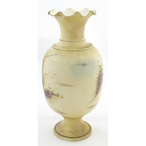 3 - A Victorian vase with a flared rim with hand painted and gilt decoration depicting birds and flowers... 