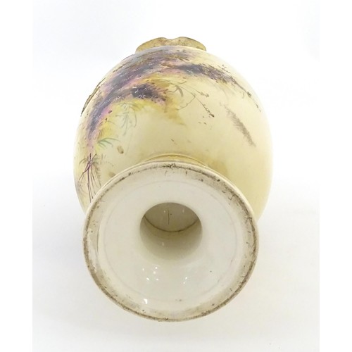 3 - A Victorian vase with a flared rim with hand painted and gilt decoration depicting birds and flowers... 